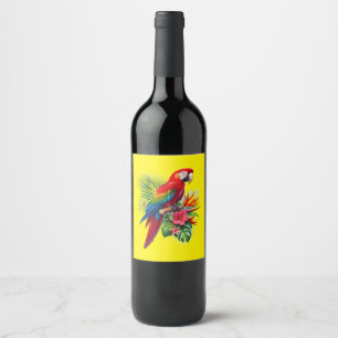 Red macaw tropical floral wine label
