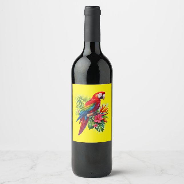 Red macaw tropical floral wine label (Front)
