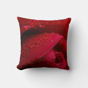 Red Macro Rose with Water Droplets Cushion