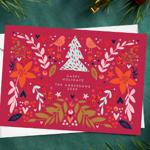 RED Magenta Floral Christmas Pretty Holiday Card