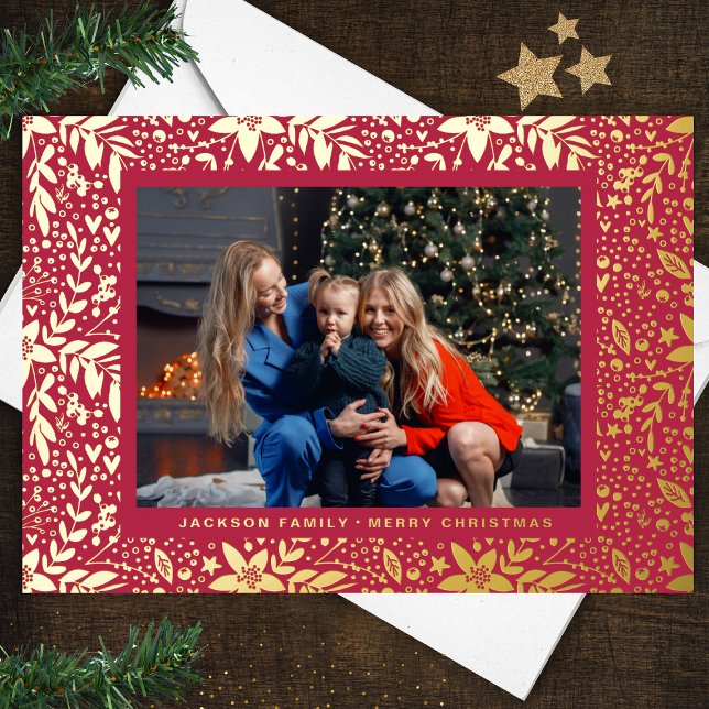RED Magenta GOLD Botanical Christmas Frame Photo Foil Holiday Card (Creator Uploaded)