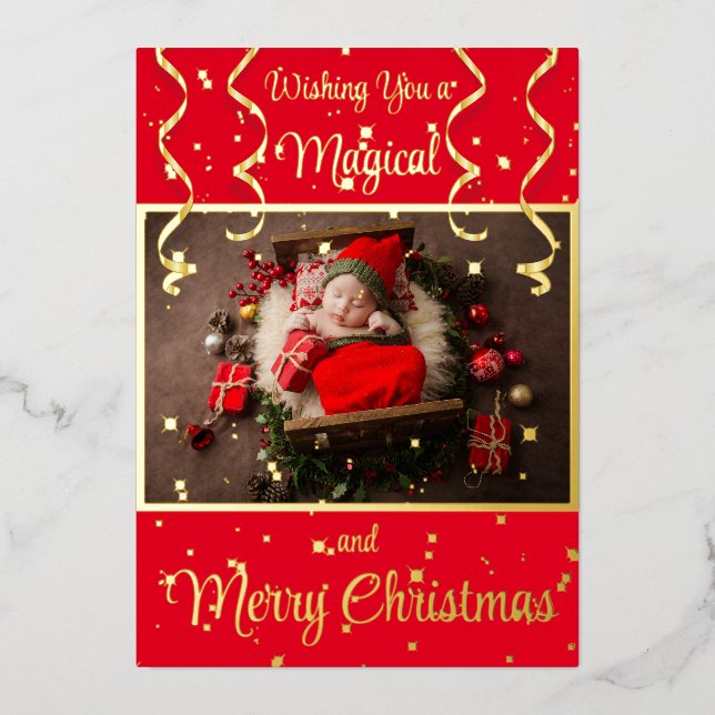 Red Magical Photo Merry Christmas Greeting Foil Holiday Card (Front)