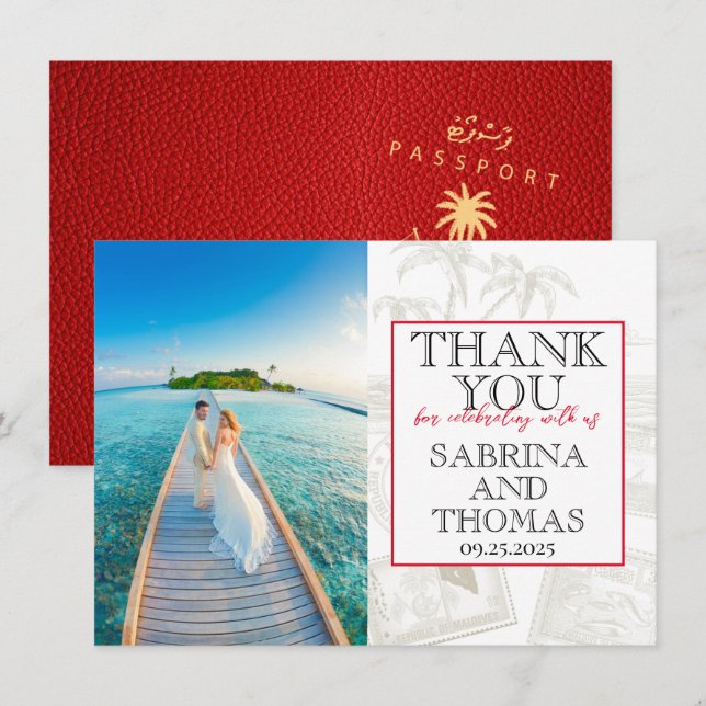 Red Maldives Wedding Photo Thank You Card (Front/Back)
