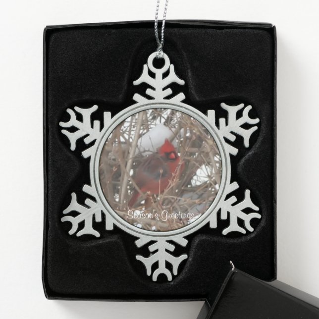 Red Male Cardinal on Snowy Branches Snowflake Pewter Christmas Ornament (Box)