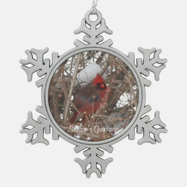 Red Male Cardinal on Snowy Branches Snowflake Pewter Christmas Ornament (Front)