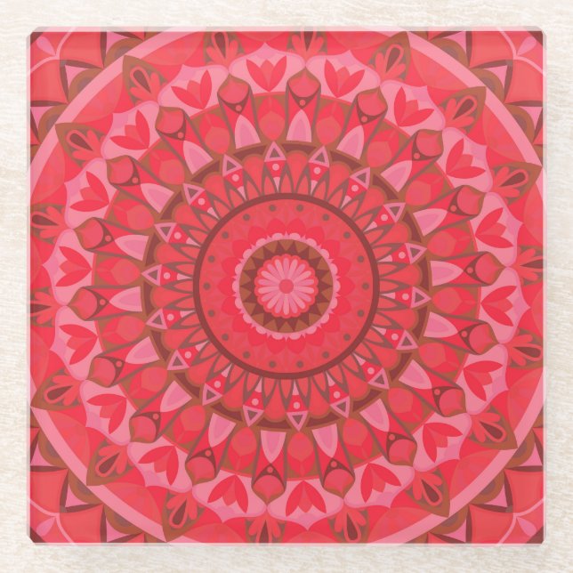 Red Mandala Boho Warm Pattern Elegant Table Decor Glass Coaster (Front)