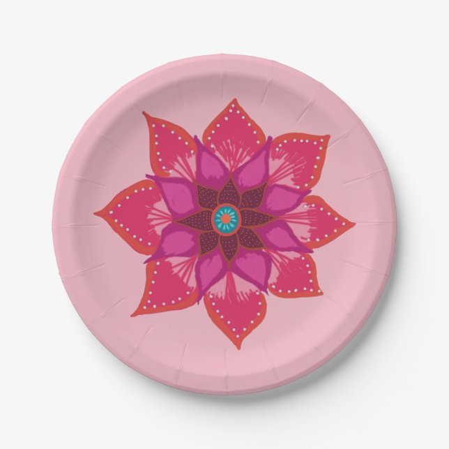 Red Mandala flower art Paper Plate (Front)