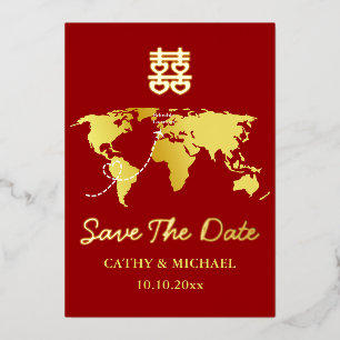 Red map destination chinese wedding save the date