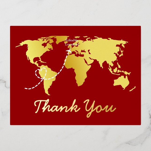 Red map destination wedding thank you foil holiday postcard (Front)