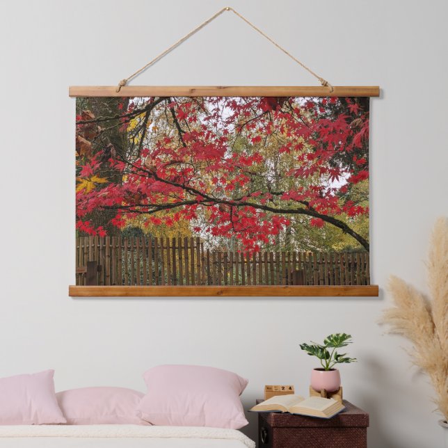 Red Maple Leaves and Bamboo Fence Photo Hanging Tapestry (Bedroom)