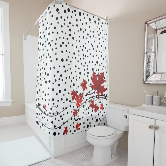 Red maple leaves and black polka dots shower curtain (In Situ)