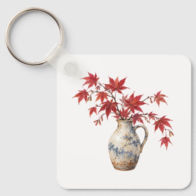 Red Maple Leaves in a Ceramic Jug Key Ring (Front)