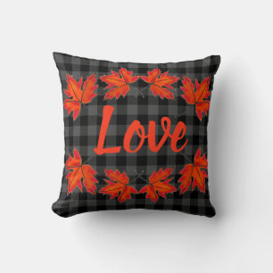Red maple leaves love grey plaid cushion