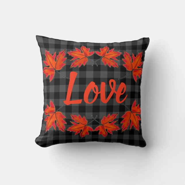 Red maple leaves love grey plaid cushion (Front)