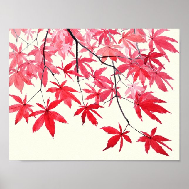 red maple leaves watercolor painting poster (Front)