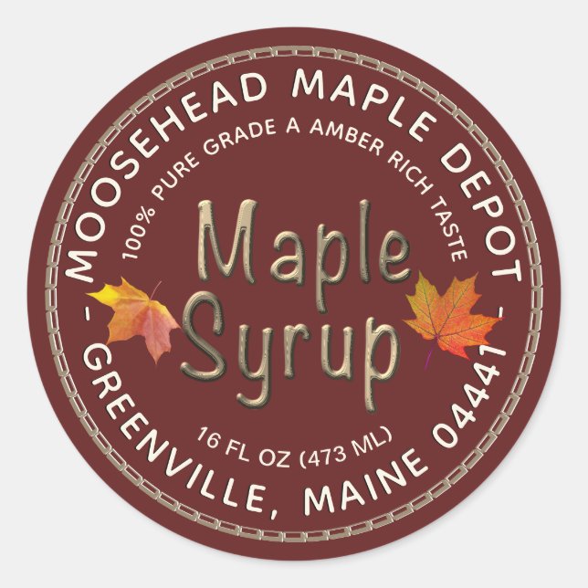 Red Maple Syrup Autumn Maple Leaves with Border Classic Round Sticker (Front)