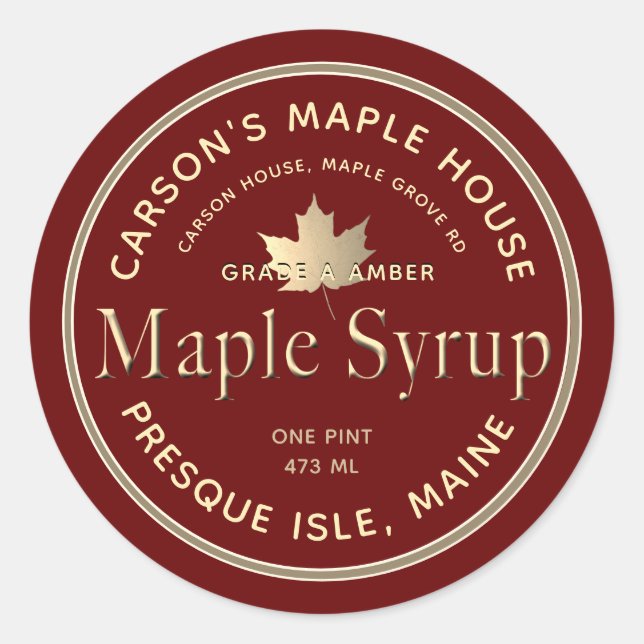 Red Maple Syrup Label with Gold Border and Leaf (Front)