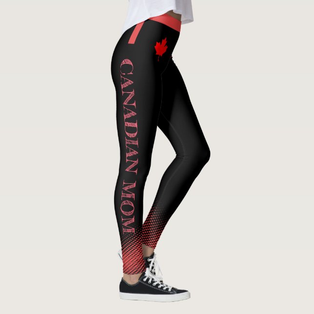 Red Maple with Canadian MOM in Pink Text on BLACK Leggings (Right)