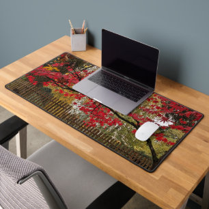Red Maples Leaves and Bamboo Fence Photo Desk Mat