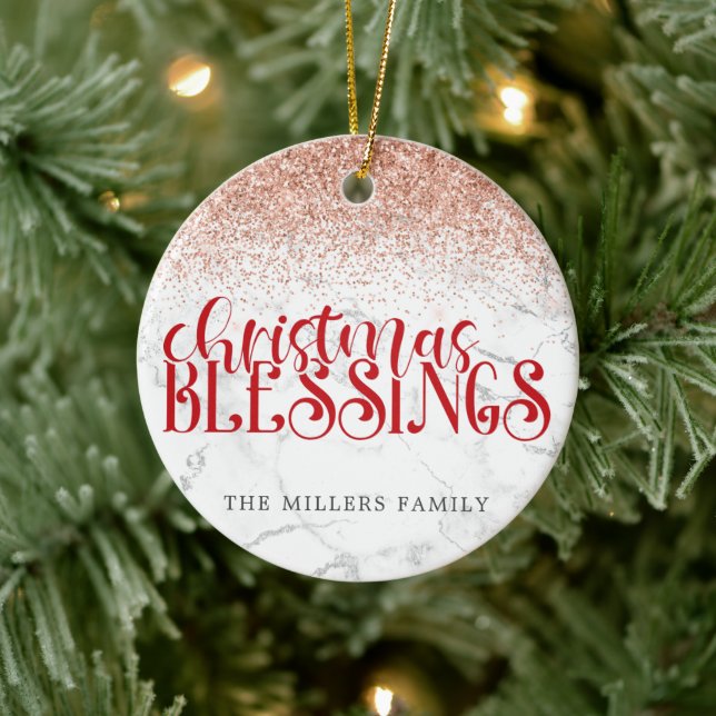 Red Marble Christmas Blessings Glitter Personalise Ceramic Tree Decoration (Tree)