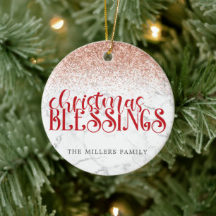 Red Marble Christmas Blessings Glitter Personalize Ceramic Tree Decoration