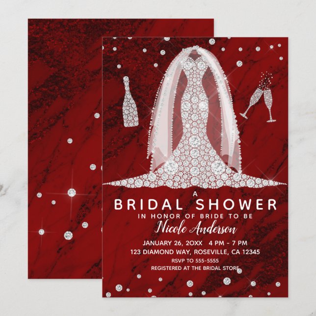Red Marble Diamond Wedding Dress Bridal Shower Invitation (Front/Back)