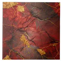 Red Marble Effect with Golden Accents Tile