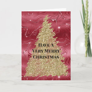 Red Marble Gold Glitter Christmas Tree Card