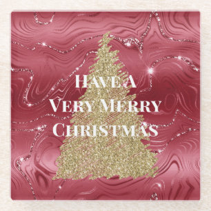 Red Marble Gold Glitter Christmas Tree Glass Coaster
