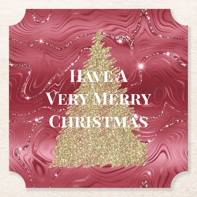 Red Marble Gold Glitter Christmas Tree Paper Coaster (Front)