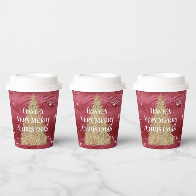 Red Marble Gold Glitter Christmas Tree Paper Cups (Multi)