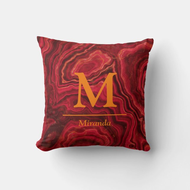Red Marble orange Monogram and Name personalised Cushion (Front)