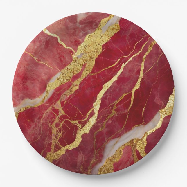 Red Marble Pattern with Gold Paper Plate (Front)