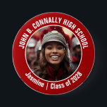 Red Marching Band Photo High School Spirit 7.5 Cm Round Badge<br><div class="desc">This cool customised high school marching band photo features white typography of your team and player name on a red button. Personalise with your student's photograph and class year as a proud parent. A mum and dad can wear these buttons to competition and games.</div>