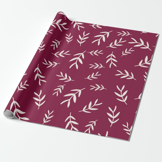 Red Maroon Christmas Leaf Wrapping Paper (Unrolled)