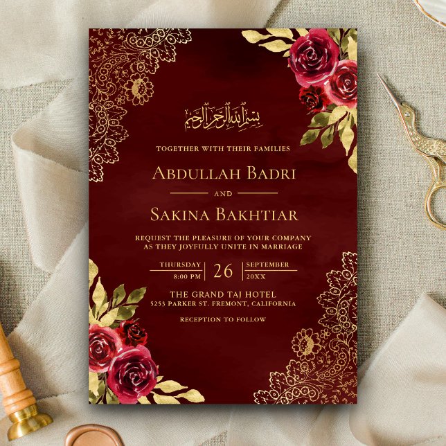 Red Maroon Floral Gold Lace QR Code Muslim Wedding Invitation (Creator Uploaded)