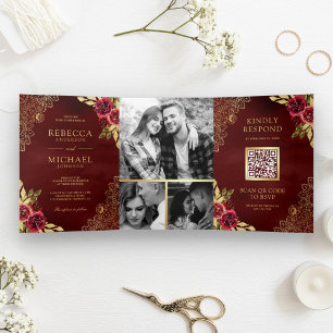 Red Maroon Floral Gold Lace QR Code Wedding Tri-Fold Invitation