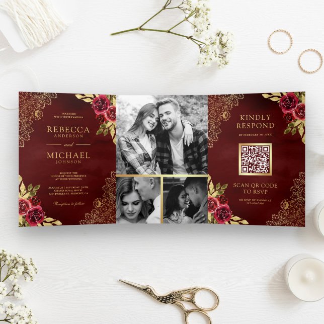 Red Maroon Floral Gold Lace QR Code Wedding Tri-Fold Invitation (Creator Uploaded)