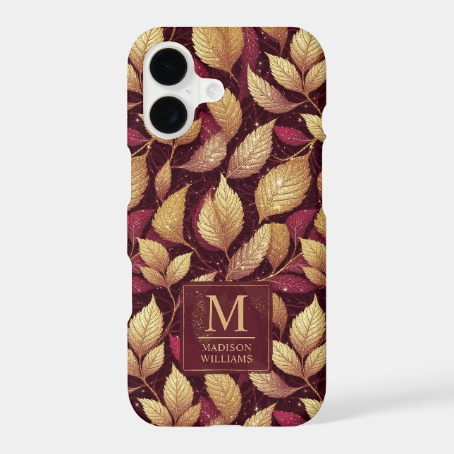 Red Maroon Gold Glitter Autumn Leaves Pattern (Back)