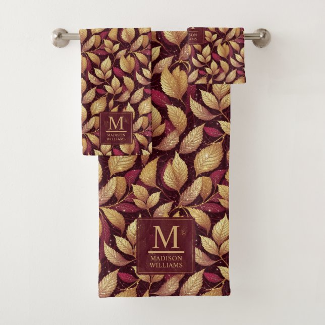 Red Maroon Gold Glitter Autumn Leaves Pattern Bath Towel Set (Insitu)