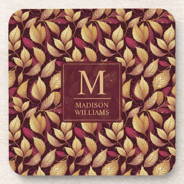 Red Maroon Gold Glitter Autumn Leaves Pattern Coaster (Front)