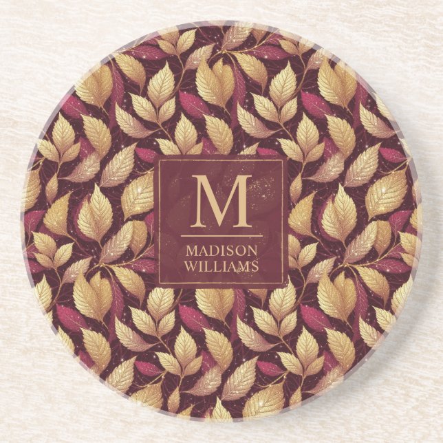 Red Maroon Gold Glitter Autumn Leaves Pattern Coaster (Front)