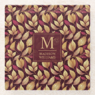 Red Maroon Gold Glitter Autumn Leaves Pattern Glass Coaster
