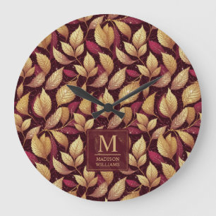 Red Maroon Gold Glitter Autumn Leaves Pattern Large Clock