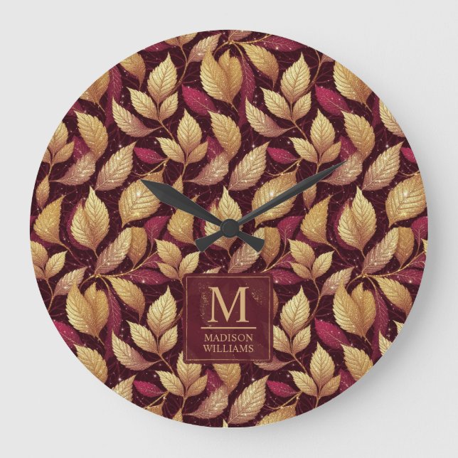 Red Maroon Gold Glitter Autumn Leaves Pattern Large Clock (Front)