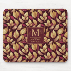 Red Maroon Gold Glitter Autumn Leaves Pattern Mouse Mat
