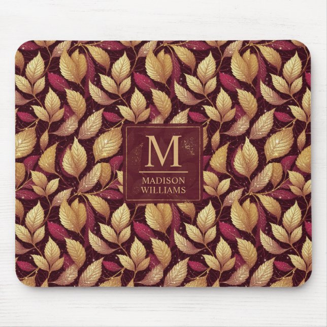 Red Maroon Gold Glitter Autumn Leaves Pattern Mouse Mat (Front)