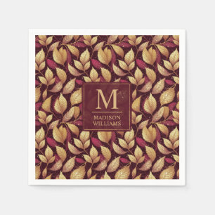 Red Maroon Gold Glitter Autumn Leaves Pattern Napkin