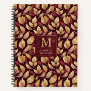 Red Maroon Gold Glitter Autumn Leaves Pattern Notebook