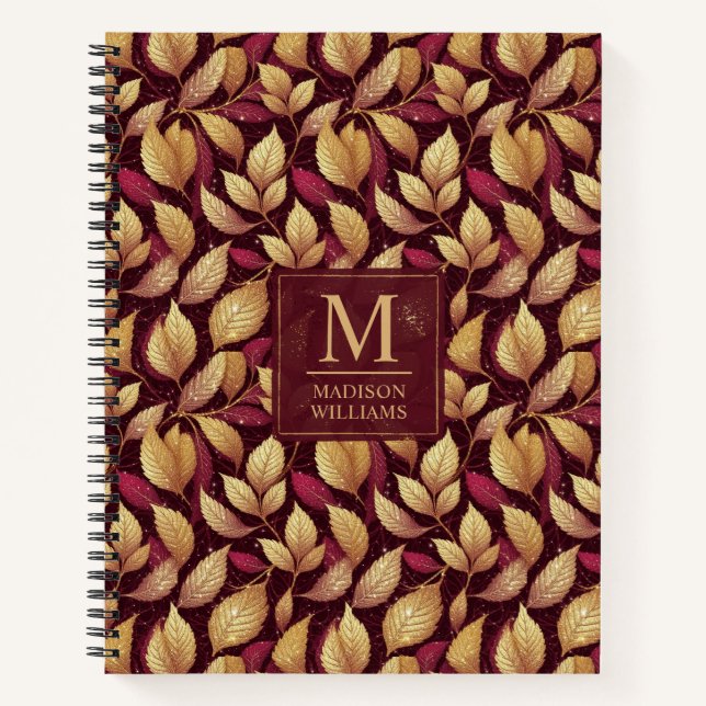 Red Maroon Gold Glitter Autumn Leaves Pattern Notebook (Front)